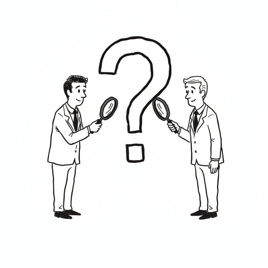 Hand-drawn sketch: two people examining a large question mark with magnifying glasses