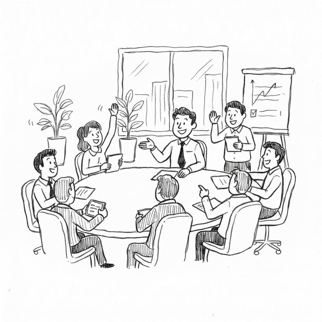 Hand-drawn sketch of an engaged workshop group